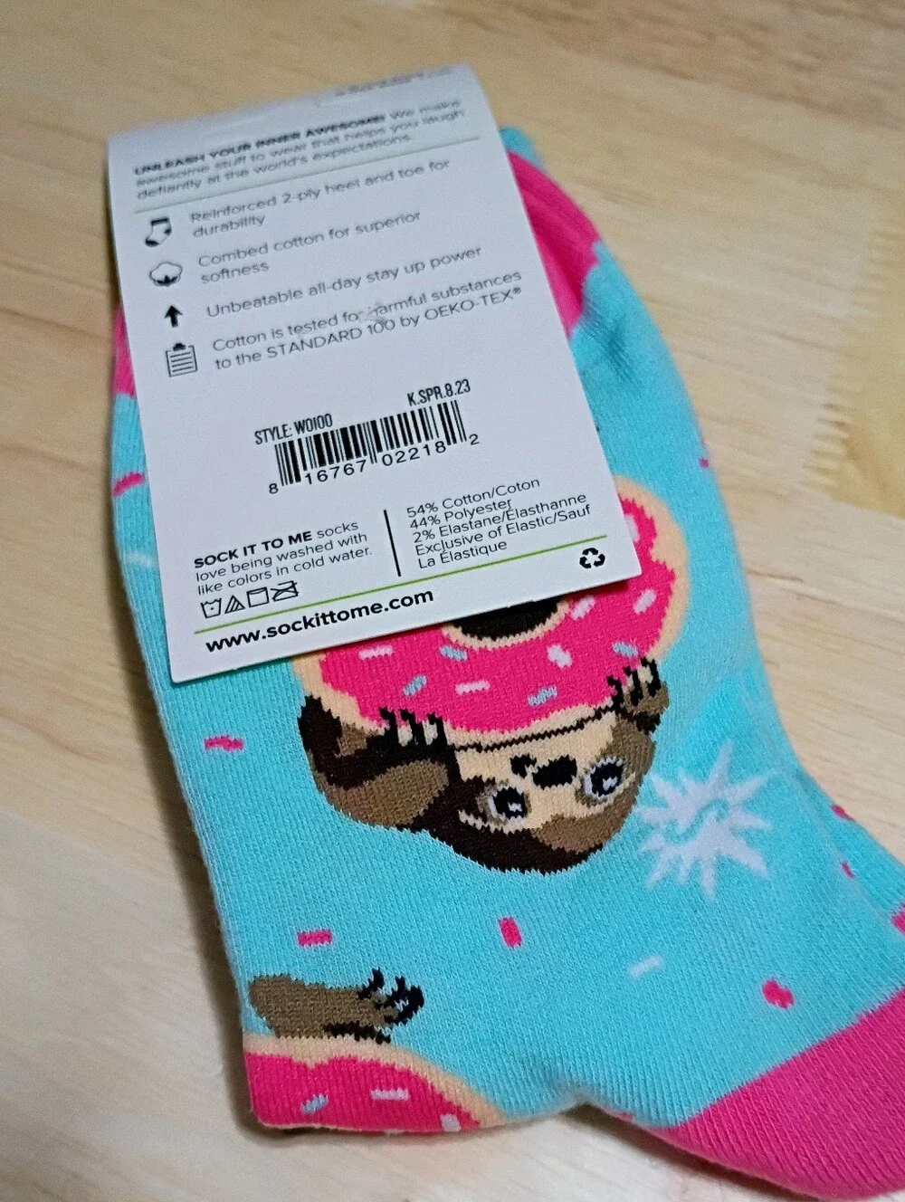 Women's Crew Socks - Turquoise with Pink Donut Sloth